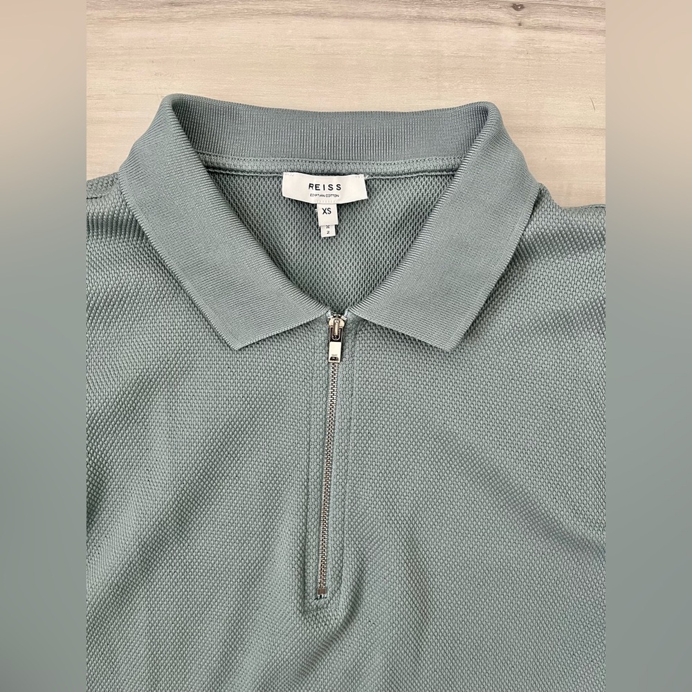 Men Reiss Olive Green Albany Textured Zip-Neck Polo Shirt Size XS Like New